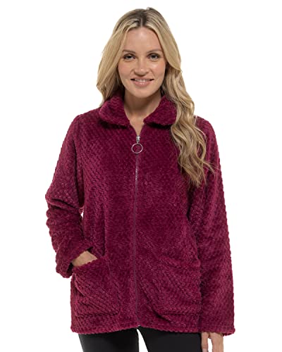 Undercover Veste Pyjama Polaire Douce pour Femme - Hiver - Motif nid d'abeille - Fermeture Éclair - avec Pochettes, framboise, 46-48