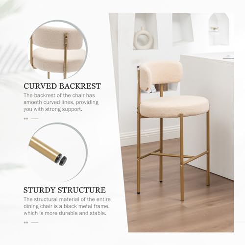Image of Cinxzar Boucle Bar Stools Set of 3, Beige Counter Height Bar Stools with Backs, Gold Modern Barstools for Kitchen Island, Pub, Club