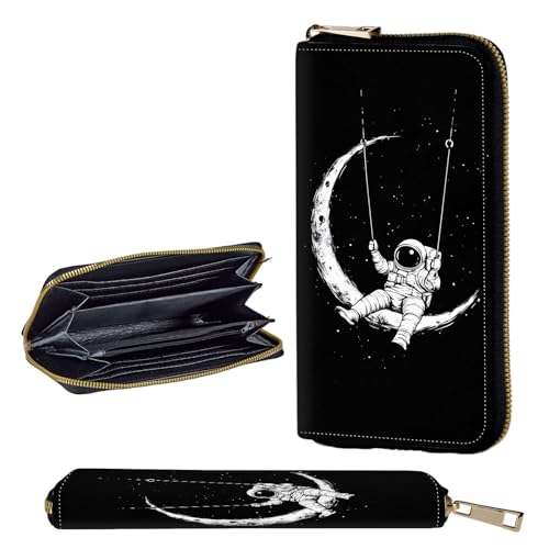 Wallet,Leather Long Wallet Suitable For Ladies And Teenagers - Detachable Wristband + RFID Travel Wallet With Card Slot - Astronaut on Moon Swing