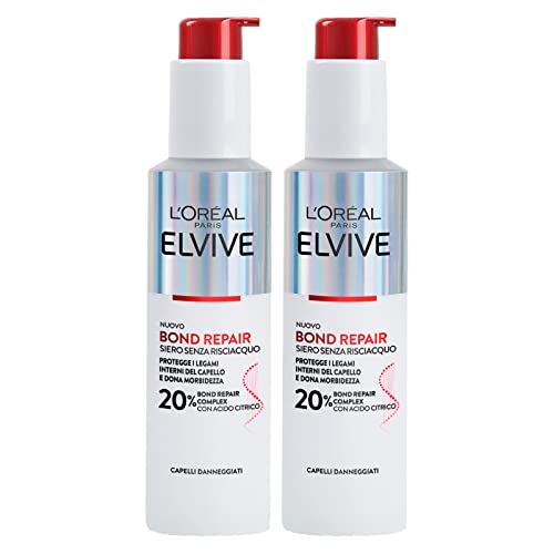 L'Oréal Paris Elvive Bond Repair Siero Capelli Senza Risciacquo Formula con 20% Acido Citrico Illuminante Ammorbidente Rinforzante Azione Profonda Protezione Contro Doppie Punte - 2 Flaconi da 150ml