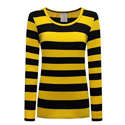 Formeet17 Womens Long Sleeve Striped T-Shirt Stretchy Comfy Scoop Neck Shirt (XX-Large Yellow/Black Stripes)