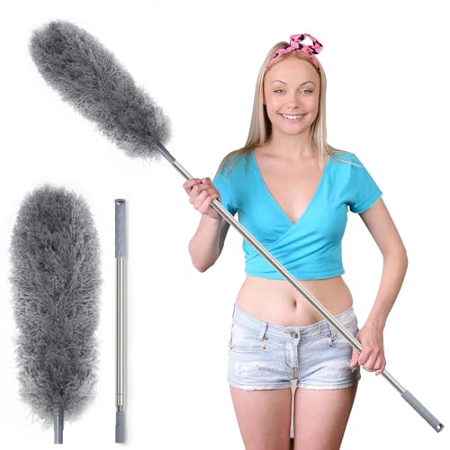 Plumeau télescopique Lavable, en Microfibre et Acier Inoxydable, Tige télescopique et Balai d'angle Flexible, Lavable, plumeau Long Extensible Extra Long jusqu'à 254 cm, pour couvertures Toiles