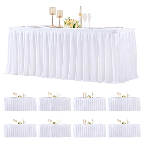 gogoparti Table Skirts for Rectangle Tables 6ft, 8 Pack White Table Covers for 6 Foot Tables Wrinkle Free Stretch Table Cloths with Pleated Skirt Fabric for Banquet, Party, Wedding