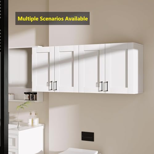 Image of White Laundry Room Cabinets and Storage with 4 Doors and Utility Adjustable Shelf,Gabinetes Para Cocina Cupboard Kitchen Organizers and Storage Pantry Wall Mounted 12.4 inchD x 47.2 inchW x 19.7 inchH