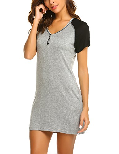 Ekouaer-Damen-Kurzarm-V-Ausschnitt-Nachthemd-Weiche-Schlafshirts-Loungewear-Nachthemden