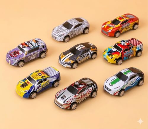 Image of Small Pull Back Toy Cars | Pull Back Mechanism, Ages 2 and Above, Assorted Colours, Police & Race Cars, Indoor Play