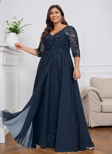 IIF Lace Applique Mother of Bride Dresses 3/4 Sleeve Chiffon Long Mother of The Groom Dresses for Wedding IIF1744