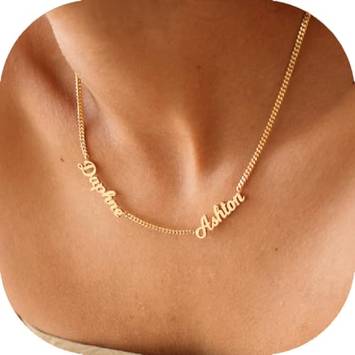 18K Gold Plated Name Necklace Personalized,Multiple Custom Name Necklace Family Necklace with Children Names Customized Choker Necklace for Women (2 Names with Curb Chain)