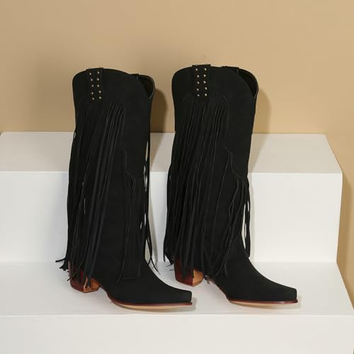 Image of KiutSymo Mid Calf Fringe Boots For Women Cowboy Pointed Toe Chunky Heels Cowgirl Western Tassel Boots