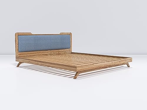 Image of Wooden Double Bed Without Storage | Low Height Cot with Blue Upholstered Cushion Headboard | Solid Wood Sheesham, Brown Finish | Mattress Size: 78 X 48