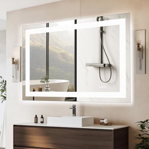 Image of Simple Deluxe LED Bathroom Mirror 36x48 Inch Tempered Glass - Frameless LED Backlit Lighted Mirror for Bathroom Vanity with Anti-Fog, 3 Colors Dimmable, Memory Function, Wall-Mounted
