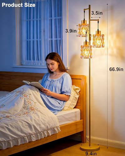 Image of 3-Light Modern Glass Floor Lamp, Gold Standing Tall Lamp with Amber Cylinder Glass Shade for Reading, Dimmable LED Floor Lamp with 5Lbs Heavy Base for Living Room Bedroom Home Decor, Bulb Included