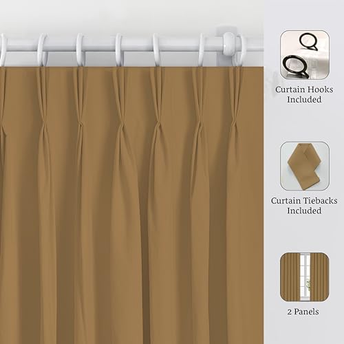 Image of Triple Pinch Pleated Blackout Curtains Thermal Insulated Room Darkening Curtains for Bedroom /Livingroom Pack of 2 Panels, Tiebacks, Hooks (Barley Corn)