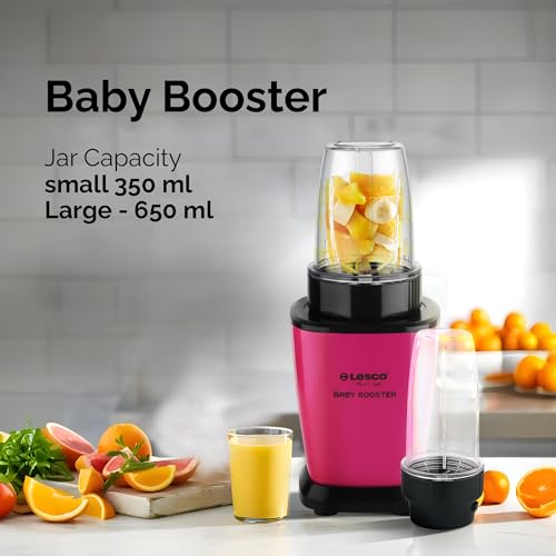 Image of Lesco 500W Mixer Grinder Blender Smoothie Maker with 2 Stainless Steel Jars and Copper Motor, 2 Years Warranty 21000 RPM Fine Grind in 20 secs, Baby Booster, Pink