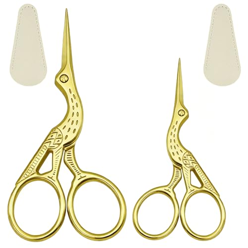 2PCS Sewing Scissors Gold Vintage Stork Embroidery Scissors Stainless Steel Sharp Bird Shears - Ideal for Handicraft DIY Needlework Cross Stitch Daily Use Travel Sewing Shearswith 2 Covers