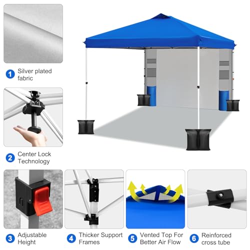 WEIZE 10ft X10ft Pop Up Canopy Tent,One-Button Push Setup,Pop Up Tent with 1 Sidewall and 6 Pockets,Adjustable Height Instant Portable Shelter,4 Weight Bags,Sun Shade for Events & Beach (Blue)
