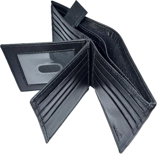 Mens Black Leather Wallet, Genuine Leather, Bifold RFID Protected, With 2 ID Windows, 16 Credit Card Slots, 4 Hidden Pockets, Divided Currency Compartment & Key Holder4