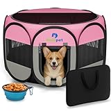 Parc de jeu pour petits chiens et chats : parc de jeu pour intérieur et extérieur - Cage d'exercice pliable pour cochon d'Inde, lapins, hamster - Avec étui de transport et bol de nourriture (rose