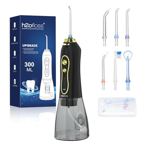 H2ofloss Water Dental Flosser Teeth Pick -Portable Oral Irrigator with 5 Modes, Rechargeable IPX7 Waterproof Orthodontic Teeth Cleaner Pick Cordless for Home Travel-300ml Water Tank (Black Gold)