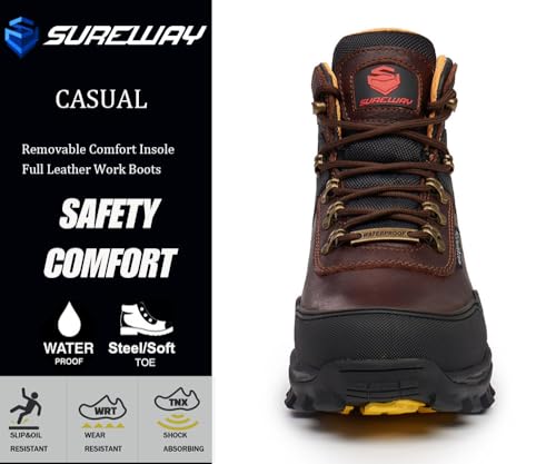 SUREWAY Men's 6" Soft/Steel Toe Heavy Duty Waterproof Work Boot - Leather,Lace Up,Oil/Slip Resistant Dual-Density Comfortable Outsole,EH Construction Industrial Ankle Safety Men Work Boots4