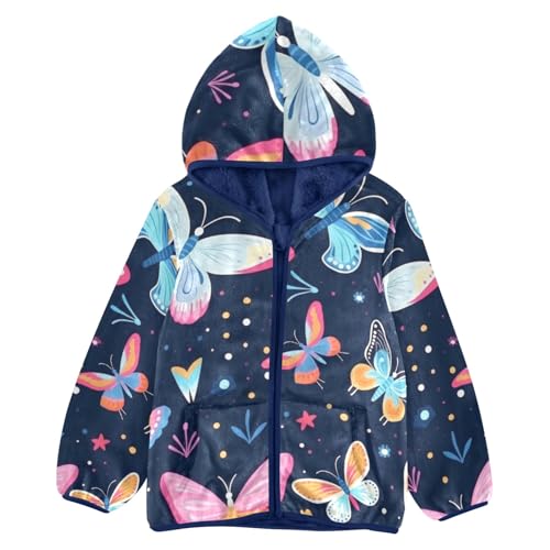 Boys Girls Fleece Jacket Cartoon Butterflies on Blue Background Kids Warm Hooded Outwear Coat