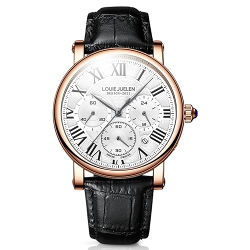 eYotto Men's Stainless Steel Business Watch, Multifunction Quartz Movement Chronograph Roman Numerals Analog Calendar Date Waterproof Black Leather Band Wristwatch, Formal Dress Gift Watch Rose Gold