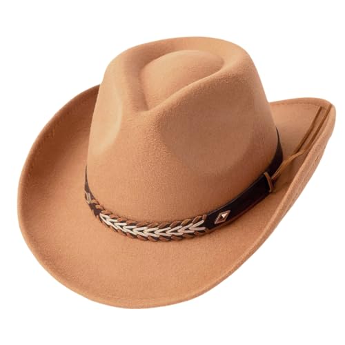 Hut für Herren und Damen, verstellbar, Vintage-Stil, breite Krempe, Fedora, Cowboy-, Cowgirl-Hut, Jazz-Hut mit Hutband, für Party, Alltag, camel, M/Einheitsgröße
