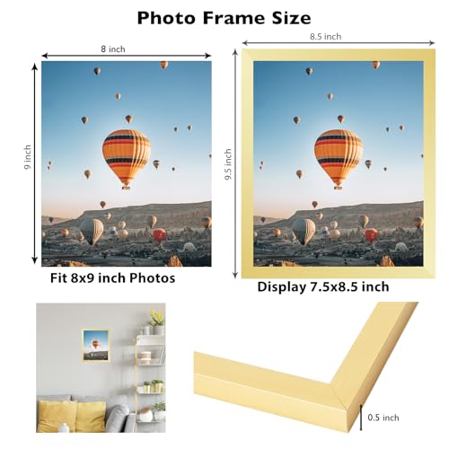 Image of JCJMY 8x9 Picture Frame Gold for Wall Hanging or Tabletop, Wall Mounting Horizontally or Vertically, 8 x 9 Wall Gallery Poster Photo Frame with Shatter Resistant Plastic Plexiglass, Gold