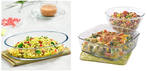 Image of Borosil Oval Baking Dish, 700ml, Transparent & Glass Mixing Bowl and Square Dish with Lid Set, 2-Pieces, Transparent Combo