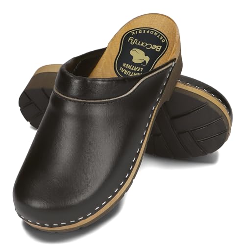 BeComfy Sabots en Cuir pour Femme Mules à Talons en Gomme/Bois Fleurs Noir Blanc 35-41 EU (Noir Mat, 38 EU)