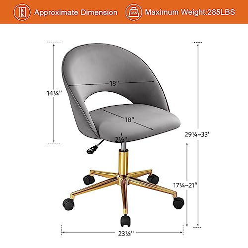 Furniliving Velvet Home Office Chair, Cute Desk Chair Swivel Armchair Upholstered Task Chair With Gold Metal Base, Vanity Chair Adjustable Computer Chair Makeup Chair For Living Room (Lightgrey) #TOP1