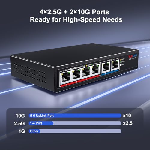 Image of 10Gb Ethernet Switch with 4 x 2.5GbE + 2 x 10GbE RJ45 Ports, VunLink 6 Port 10G /2.5G Multi-Gigabit Unmanaged Network Switch, Plug and Play, Fanless, Desktop /Wall-Mount, for Wireless AP, NAS, PC, Home