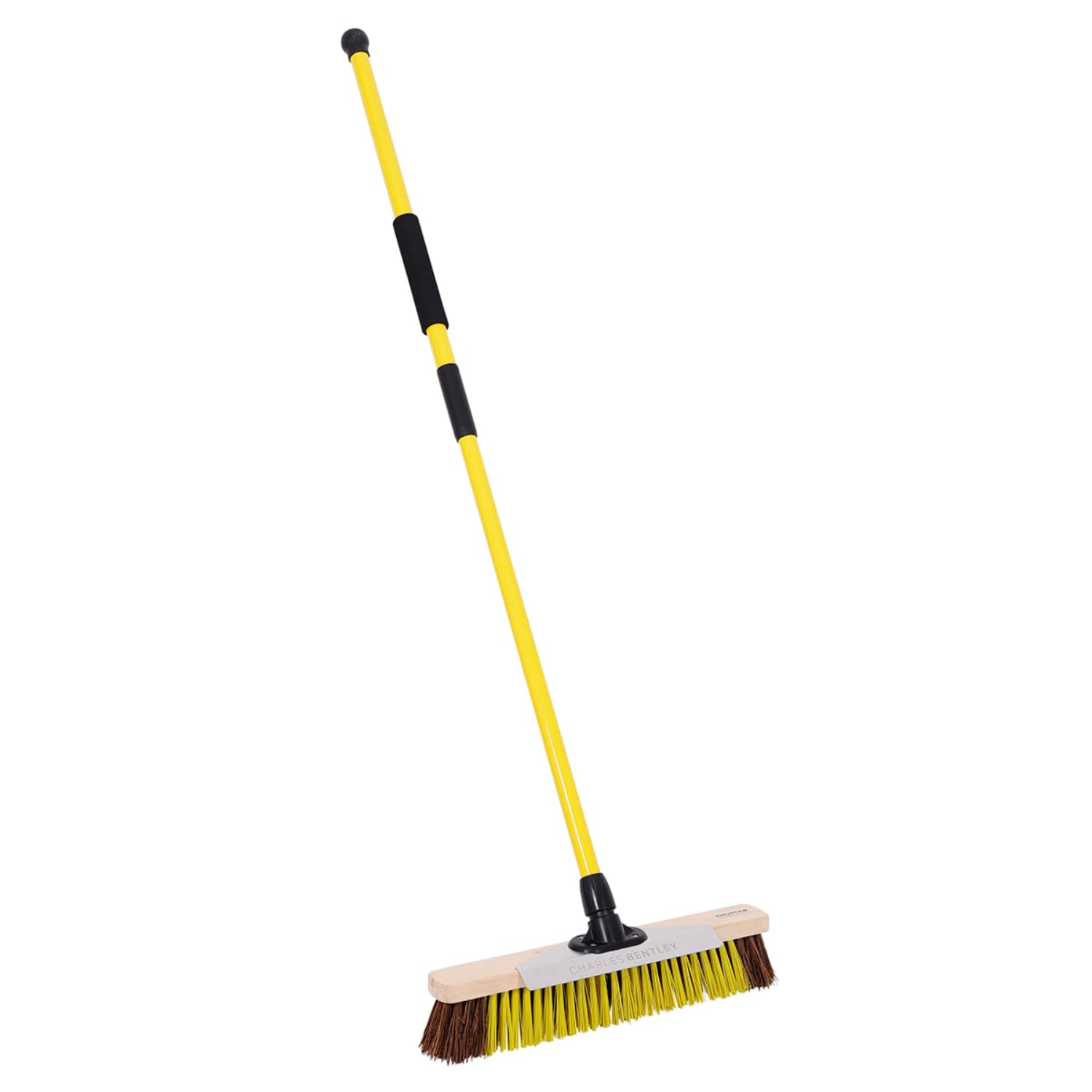 Charles Bentley Yellow Bulldozer Pro 18" Heavy Duty Broom Scraper Bassine & Recycled Pet Bristles Telescopic Handle Made In Britain Outdoor Cleaning Garden Patio Driveway 45X6x132cm