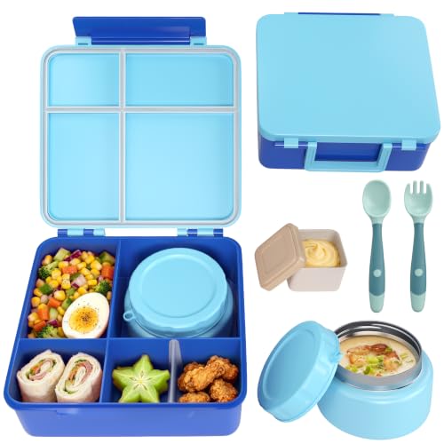 Image of Kids Lunch Box 4 Compartment Bento with 8oz Food Jar,Blue