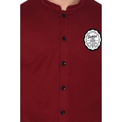 Image of Geum Men's Mandarin Collar Shirt | Slim Fit Full Sleeve Casual Shirt with Printed Chest Logo | Soft Cotton Blend Stylish Button Down for Party, Office