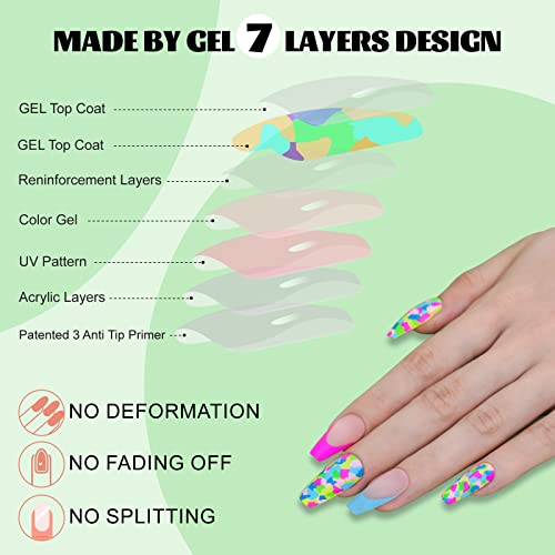 Press On Nails Medium Coffin, 24Pcs Rainbow Queen Acrylic Fake Nails Full Cover Natural, False Nails With Designs，Glue On Nails For Women Girls #TOP3