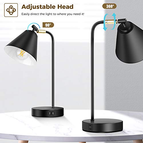 Industrial Dimmable Desk Lamp With 2 Usb Charging Ports Ac Outlet, Touch Control Bedside Nightstand Reading Lamp Flexible Head, Black Metal Table Lamp For Bedroom Office Living Room, Bulb Included #TOP2