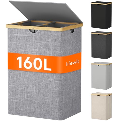 Lifewit 160L Bambus Wäschekorb mit Deckel, Faltbar Wäschesammler 2 Fächer Wäschesortierer mit Abnehmbarem Wäschesack Bambus Griffen Wäschebox Laundry Baskets für Waschküche, Schlafzimmer, Grau