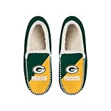 FOCO NFL Unisex-Erwachsene Offiziell lizenzierte Color Block Primary Logo Sherpa gefütterte Mokassin-Hausschuhe, Green Bay Packers, 15-16 Women/13-14 Men