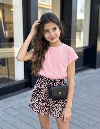 Image of Arshiner Girls 2 Piece Outfit Summer Drop Shoulder Batwing Sleeve Tops and Paperbag Waist Shorts Set Cute Clothing Size 6-14