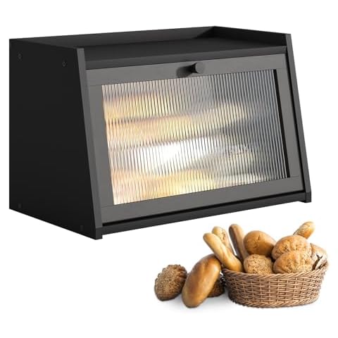 BMOSU Bread Box Kitchen Countertop With Window Farmhouse Bread Box Bamboo Wood Oversized Capacity Bin Kitchen Food Storage Container Monolayer(Black) Cover