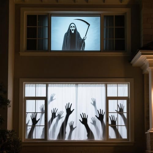 Image of AAJK 120in Holographic Rear Projection Screen for Halloween, Portable Window Projector Screen, Rear Projection Fabric 102.3"×59" for Halloween Videos with Mounting Kit