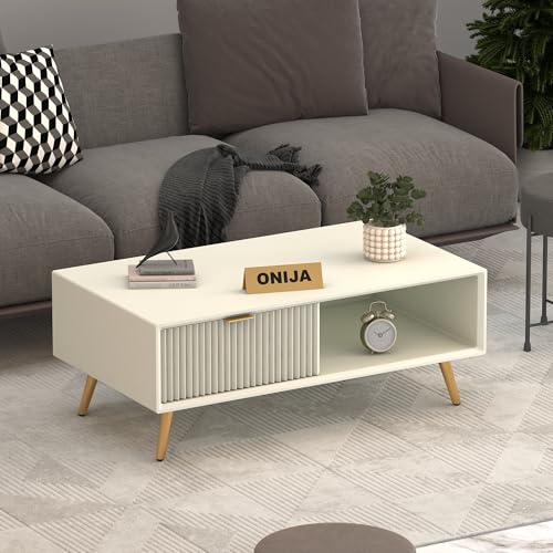 Image of ONIJA Modern Coffee Table for Living Room | HDMR Premium Wood Center Table with Storage Shelf | Matte Finish Coffee Table | Wooden Tea Table with Sturdy Legs (White)