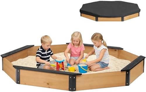 85”x78”x9” Wooden Octagon Sandbox with Cover, Large Sandpit for Kids Outdoor Patio Backyard Play, Easy & Quick Assemble