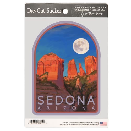 Lantern Press Large Sticker Sedona, Arizona, Cathedral Rock and Moon, Oil Painting