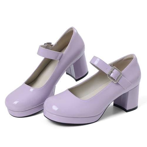 Image of femflame Women's Low Chunky Heel Mary Jane Pumps Ankle Buckle Strap Sweet Round Toe Dress Shoes JK Cosplay Uniform Dress Shoes