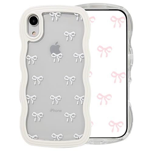 Image of Riccase for iPhone XR Case Bow Curly Wave Frame Phone Case, Shockproof Clear Soft Transparent Silicone Protective Bumper Cover for Women Girls, White