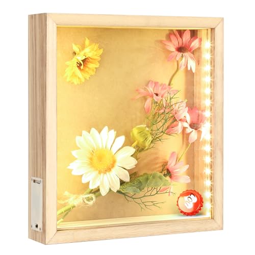 simpdecor Marco de Caja de Sombra LED de 28 x 30 cm con Soporte de Corcho de Vino con Luces Caja de Memoria para Recuerdos, Recuerdos y premios, Ramo de Fotos