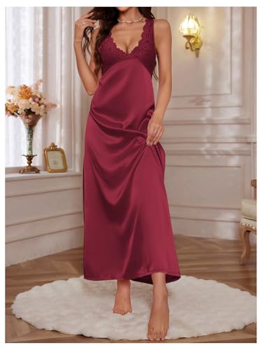 Image of WDIRARA Women's Satin Sleepwear Nightgown | Lace, Backless, Deep V Neck, Sleeveless, Long
