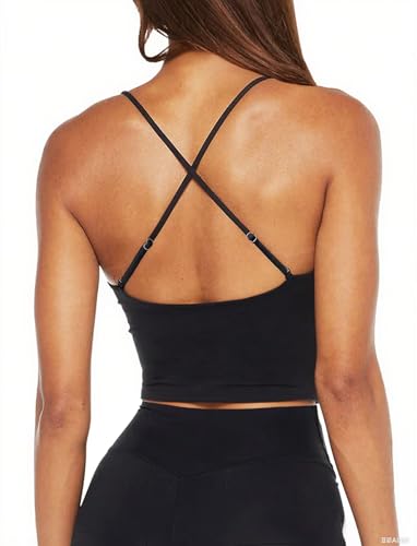 TZLDN Women Spaghetti Strap Tank Top with Built in Bra Workout Longline Sports Bras Padded Backless Gym Yoga Camisole